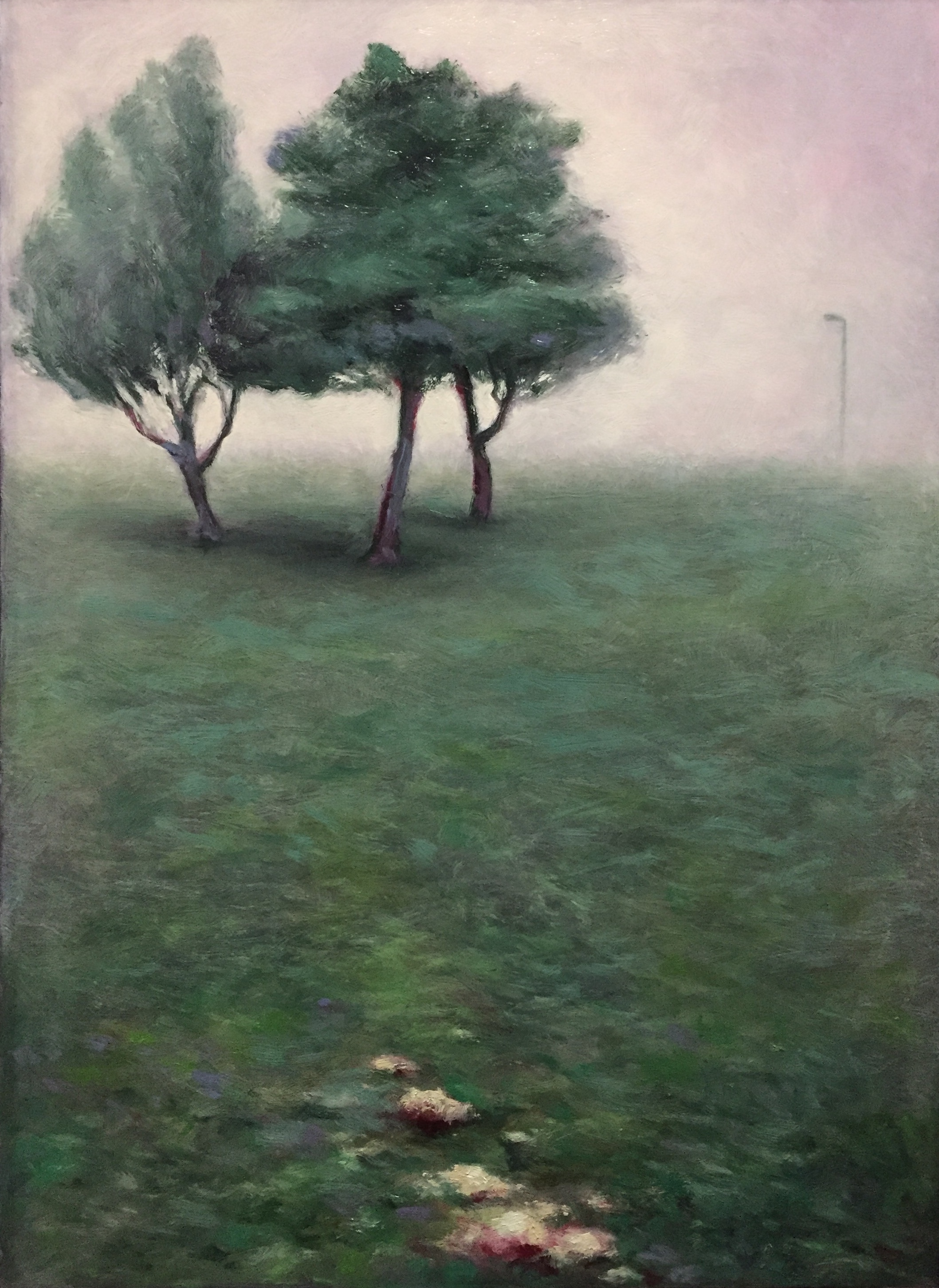 Oil on board painting by James de Knoop, 2020, dipicts a grouping of three trees in a grass landscape with a street lamp post in the misty distance.
