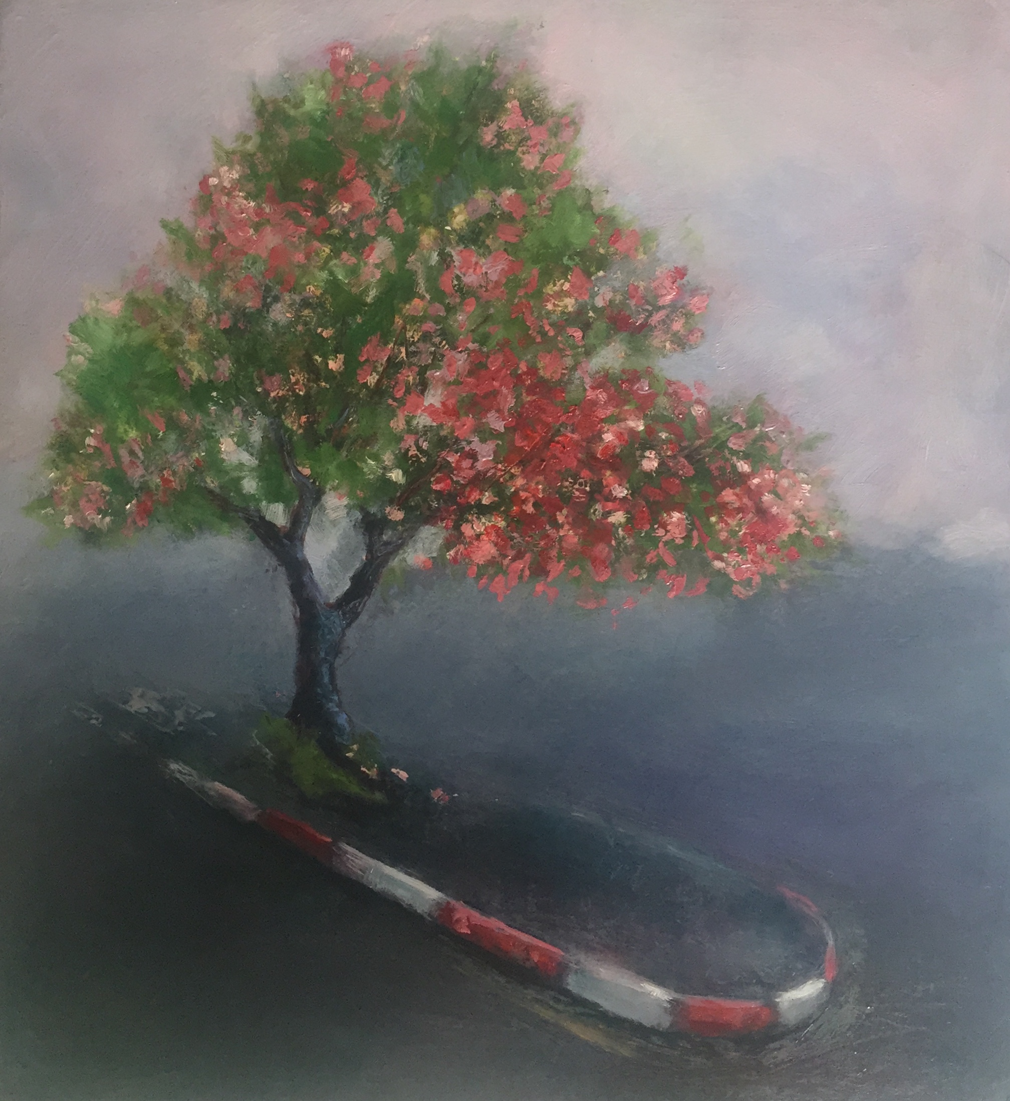 Painting of a tree on a pavement island in the road. Tree has some red blossoms.