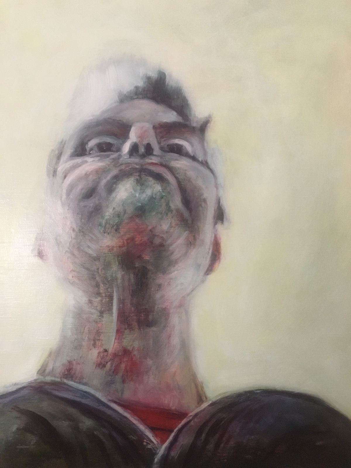 Portrait painting looking up at the underside of a man's chin, similar to the view a child would have.