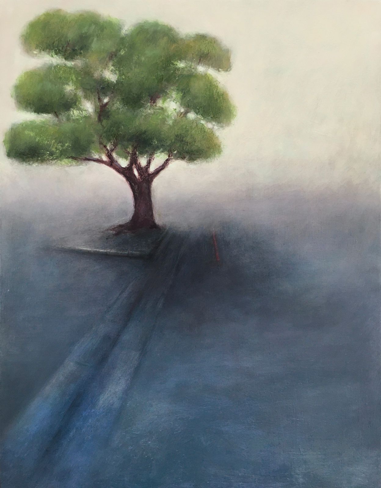 Painting of a tree on pavement next to road, pavement rising up on the Baroque diagonal, the road is a darkish blue colour contrasted with light sky and green of the foliage.