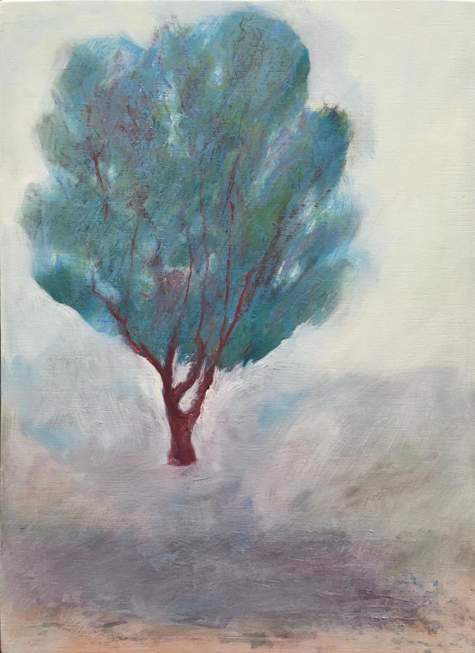 Painting of a tree with reddish trunk and branches.
