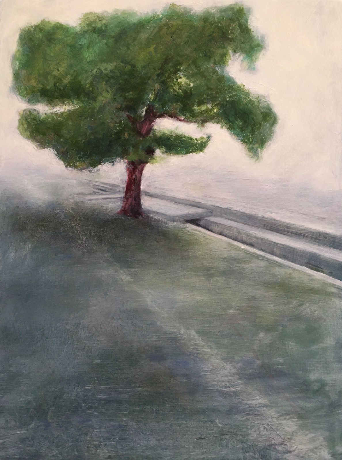 Painting of a tree on a pavement next to a gutter in the road.