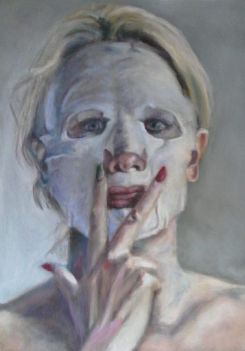 Portrait painting of a woman with a face mask holding her hand up to her lips with thumb, index and middle fingers extended.