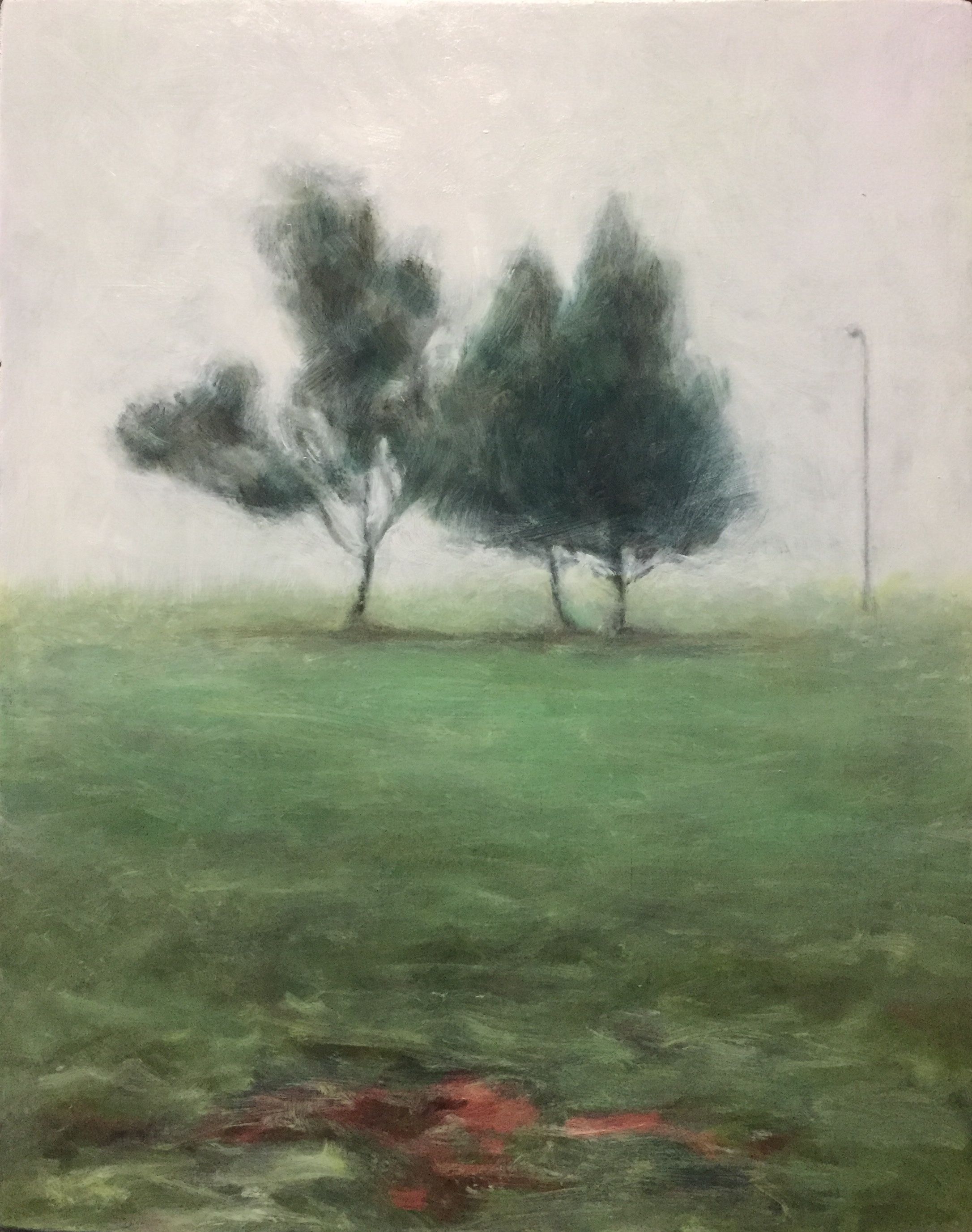 Painting of a three trees with a lamp post in the misty distance.