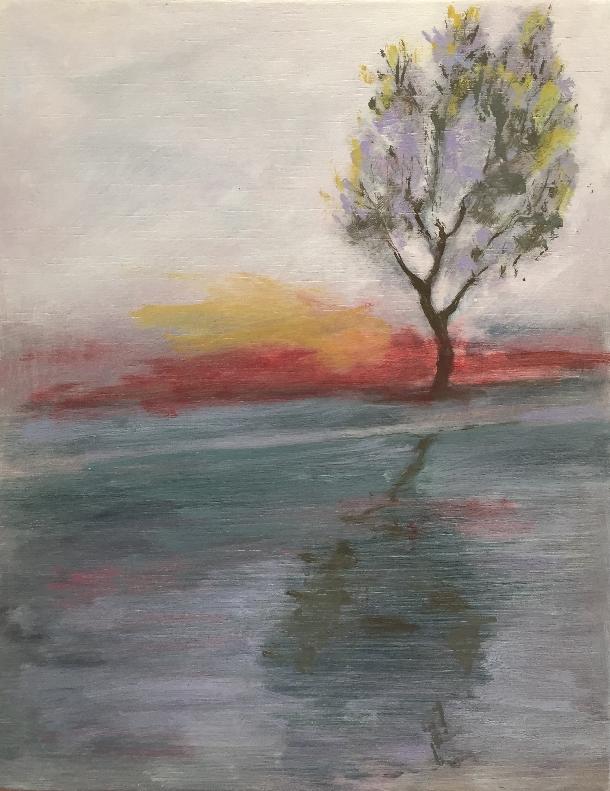 Painting of a tree with reflection in foreground at dusk, or moorley time.