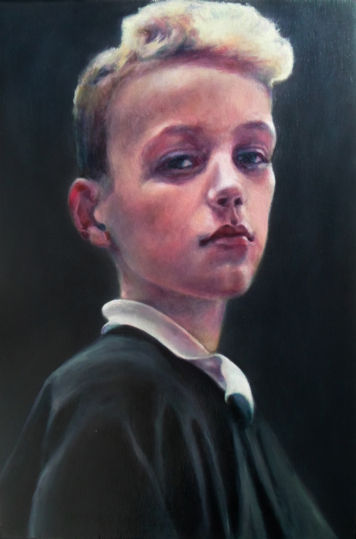 Portrait painting of an 11 year old boy in a school shirt and jumper, looking very academic!