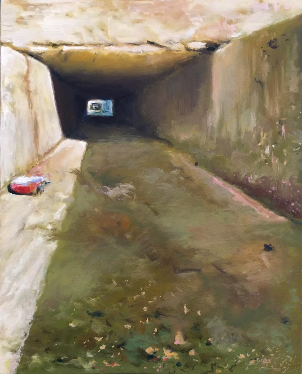 An image of an oil painting by James de Knoop. The viewer is standing in a large storm drain at the entrance of a tunnel. There is a wide stream of water leading ahead into the distance. In the foreground to the left is a dry area of the drain and there is an object lying in the sunshine, it is white, light blue and red, perhaps a bag. The tunnel is created by an overpass and so visible through the tunnel is the next section of light hitting the storm drain base, and even possible further tunnels in the distance. There is concrete everywhere. The main colours are an olive green-brown, to a sunshine light on concrete.