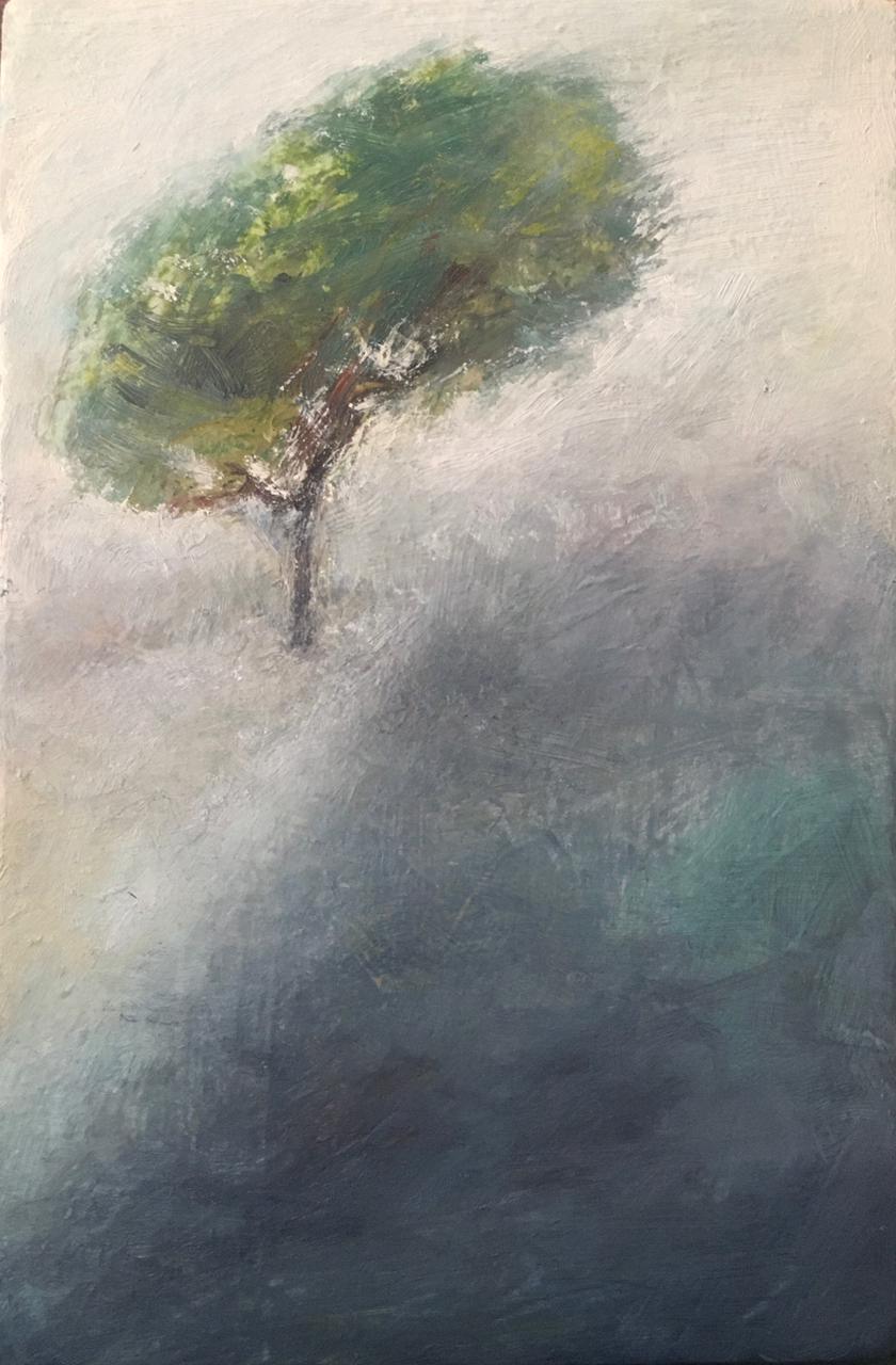 Painting of a tree on the edge of a blueish section rising up on the Baroque diagonal.